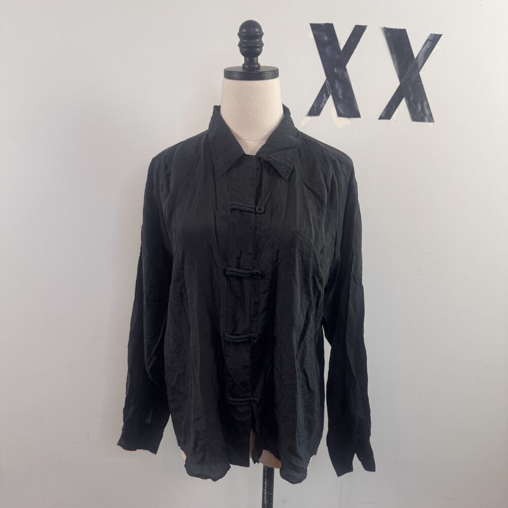 Y2K Protest Black Silk Mandarin Style Button-Up Blouse Indie Top M